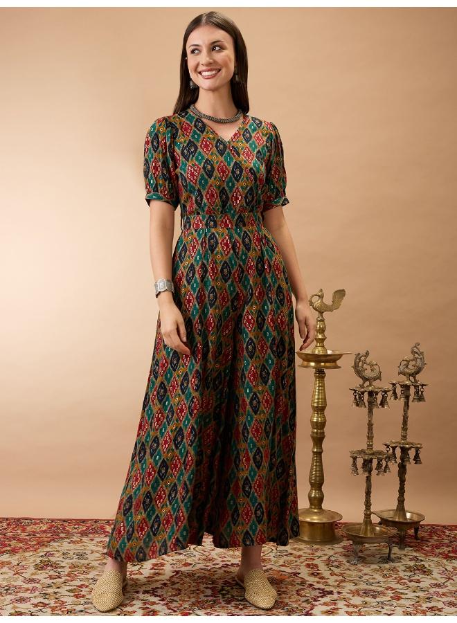 Globus Women Multi Color Wrap V-Neck Puff Sleeves Ethnic Motifs Print Flared Wide Leg Fusion Jumpsuit with Belt - Image 3